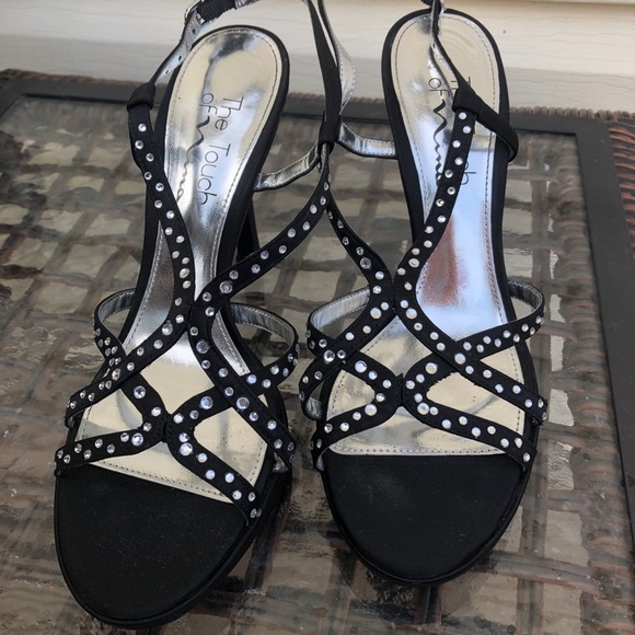 Shoes - Formal crystal embellished black satin shoes.